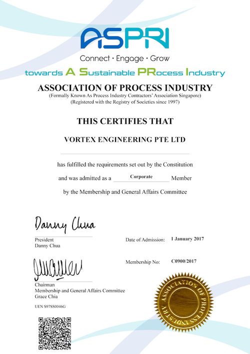 Vortex | Association of Process Industry (ASPRI) Membership Certificate