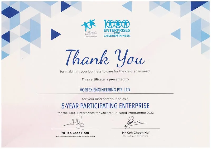 Vortex certificate awarded by 1000 enterprises for children in need.