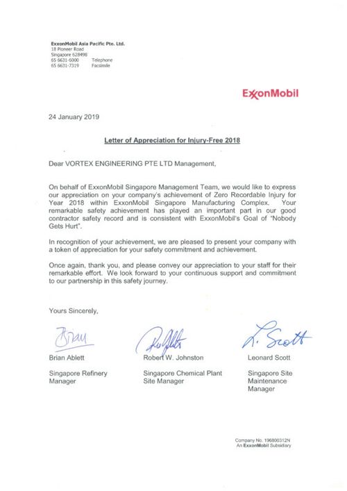 Vortex Awards & Accreditations | Letter Of Appreciation EM 2018